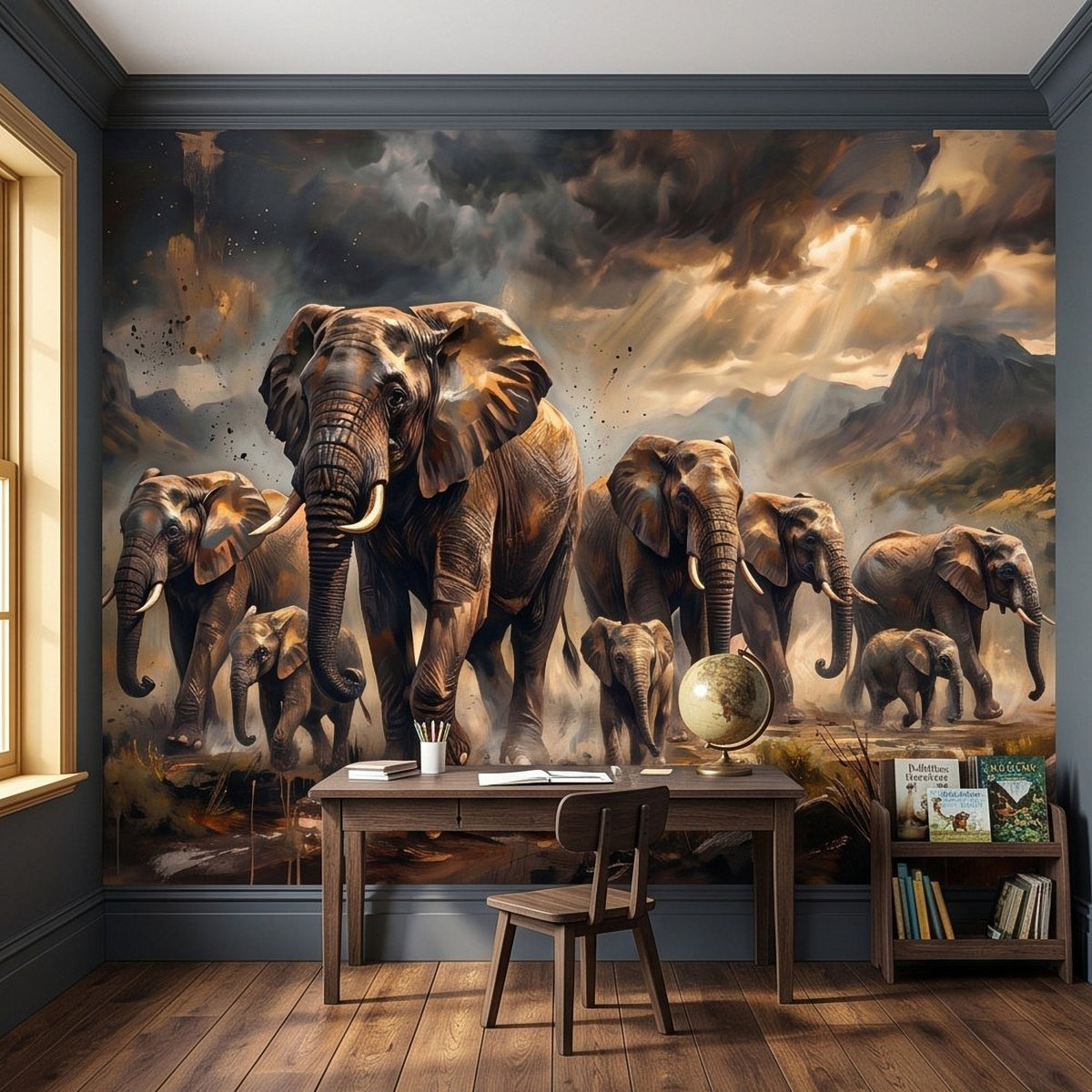 Elephant safari wall mural showing a large herd amid dusty savanna scenery