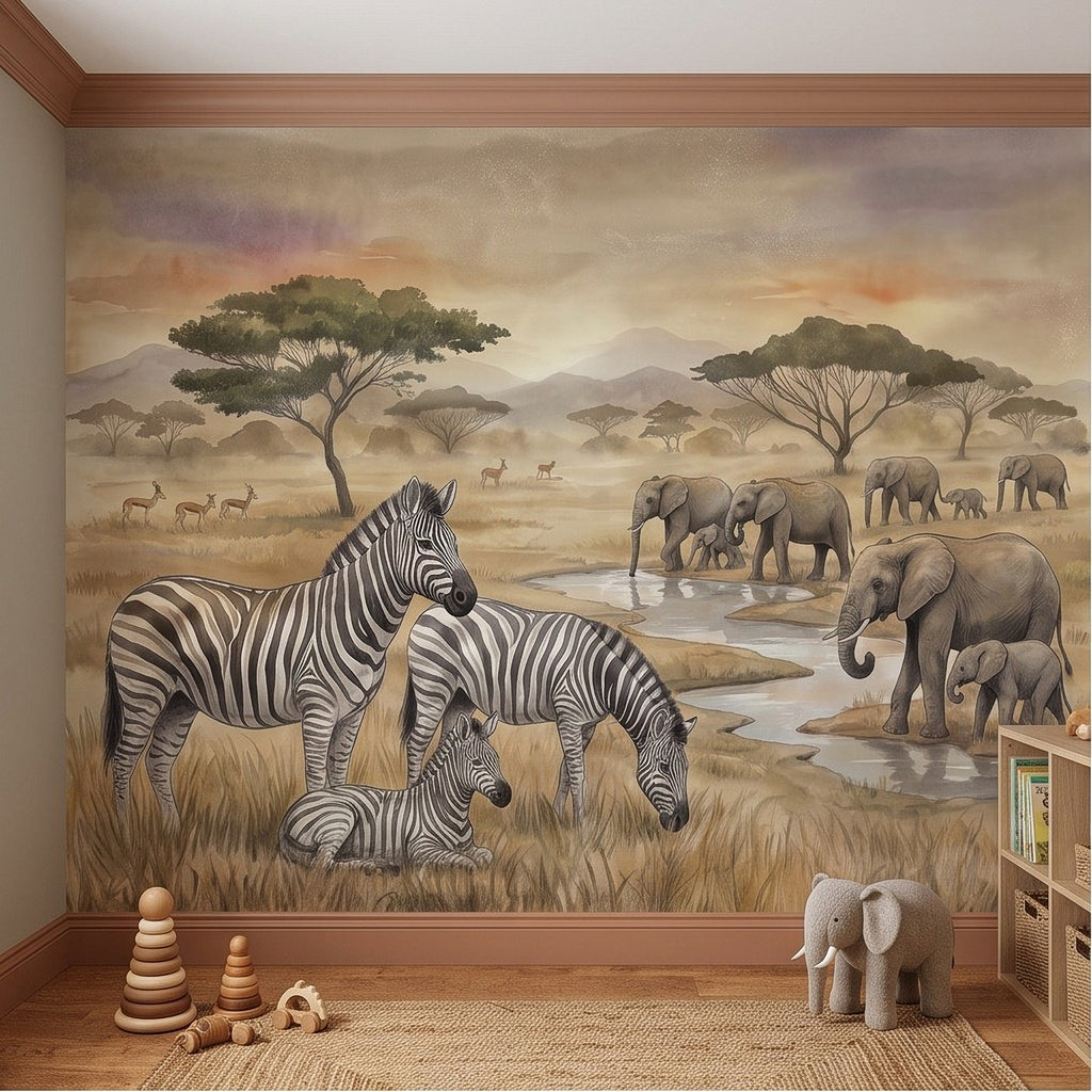 Safari wall mural: zebra and elephants by water, savanna trees in watercolor