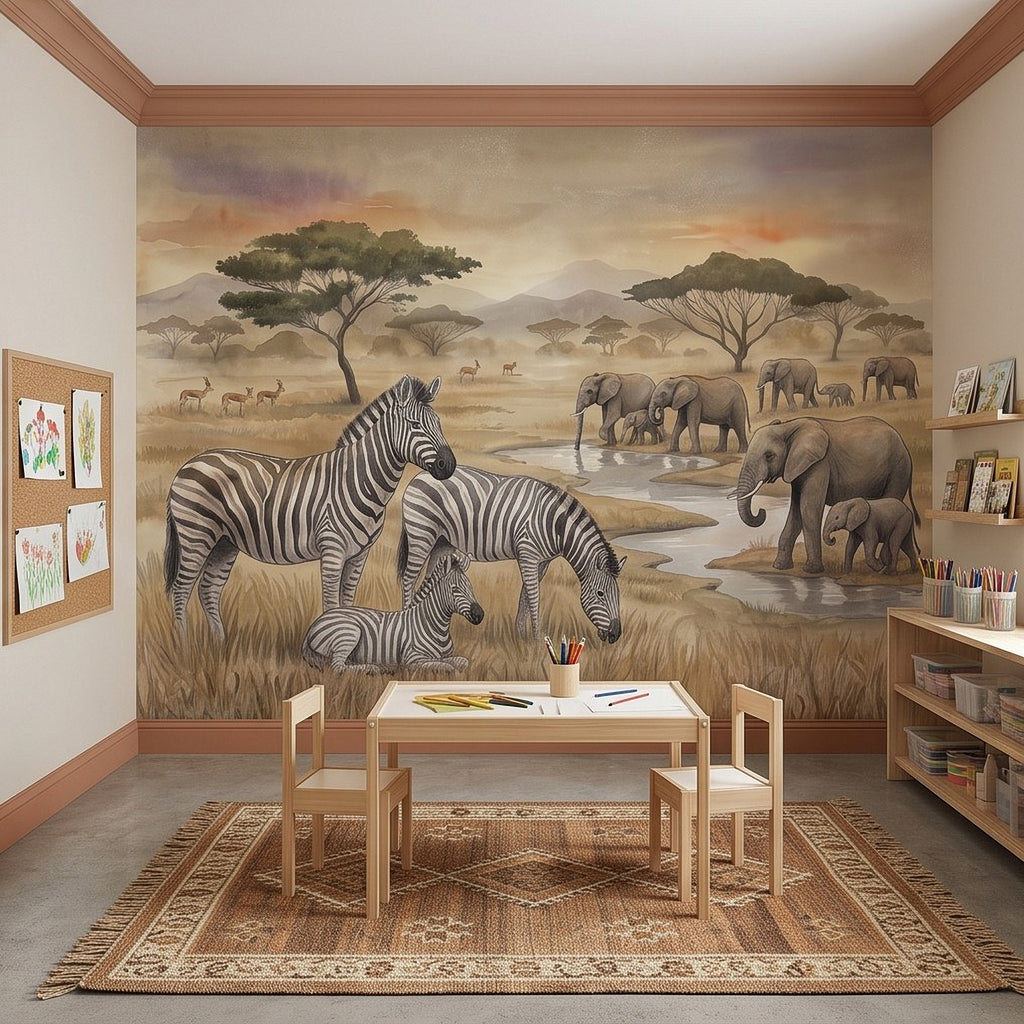 Safari wall mural wide view of zebras and elephants across savanna with acacia trees