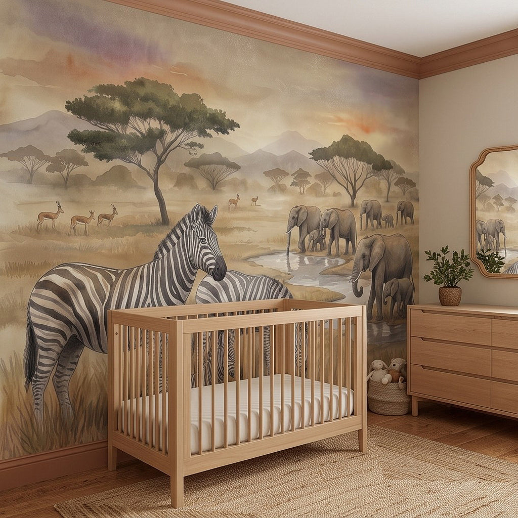 Safari animal wall mural with zebra near center and elephants by the watering hole