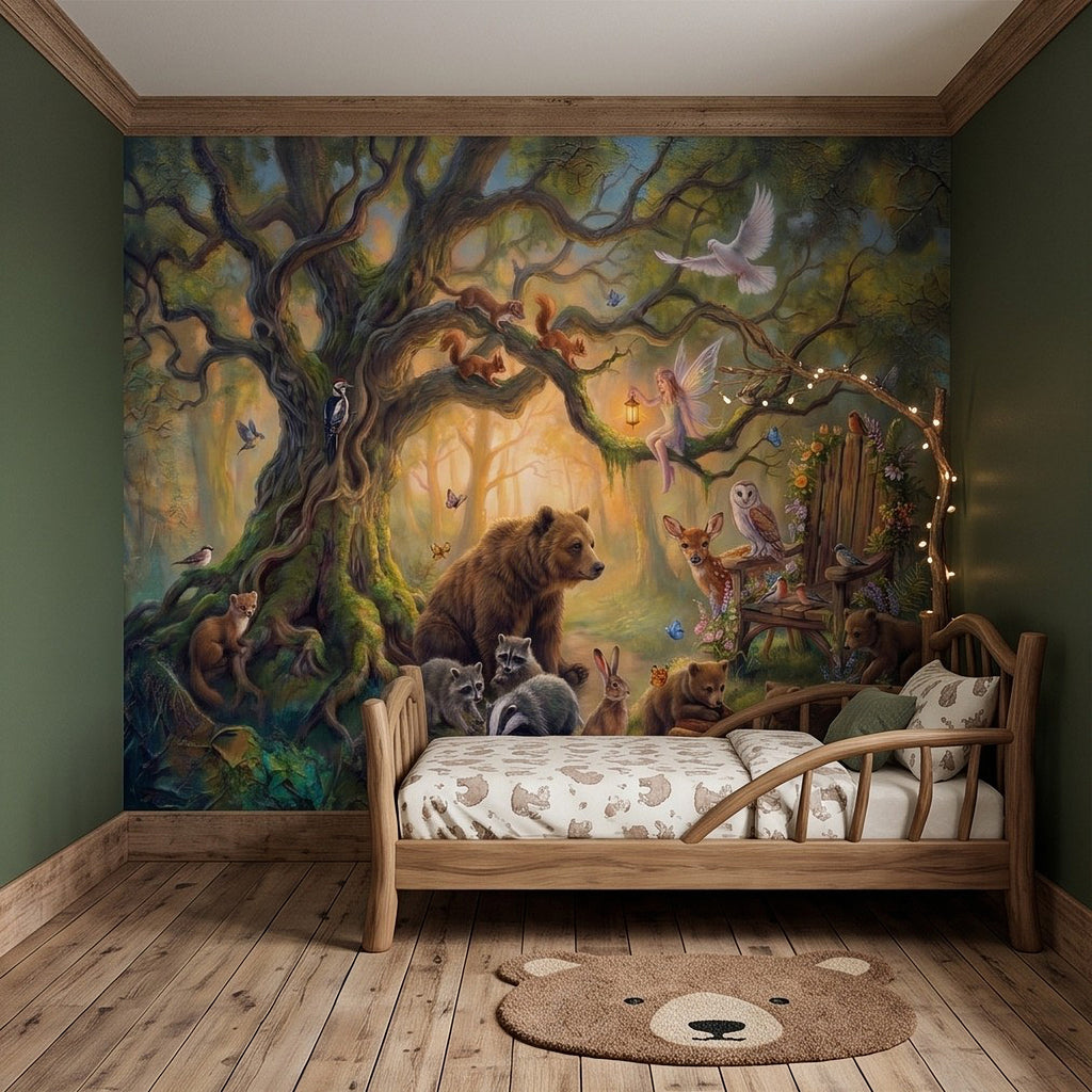 Woodland animal mural on nursery wall with bear and rabbits beside a wooden crib