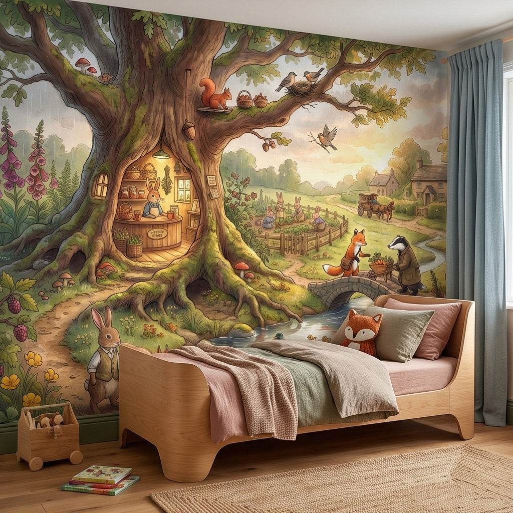 Nursery mural with large tree, river, bridge, woodland animals, and countryside village