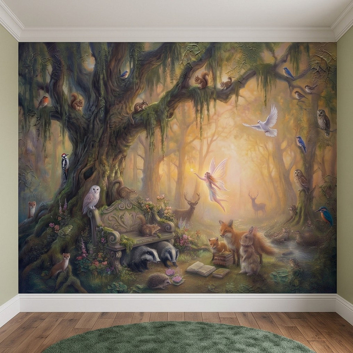 Woodland fairy wall mural with foxes, owls, and butterflies in a misty forest scene