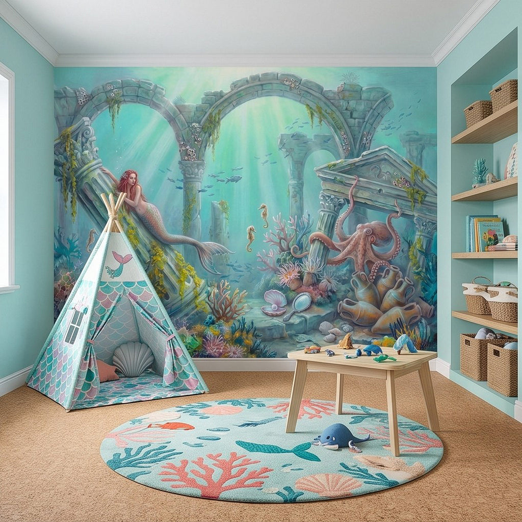 Underwater mermaid wall mural with octopus, colorful coral, and stone arch scene