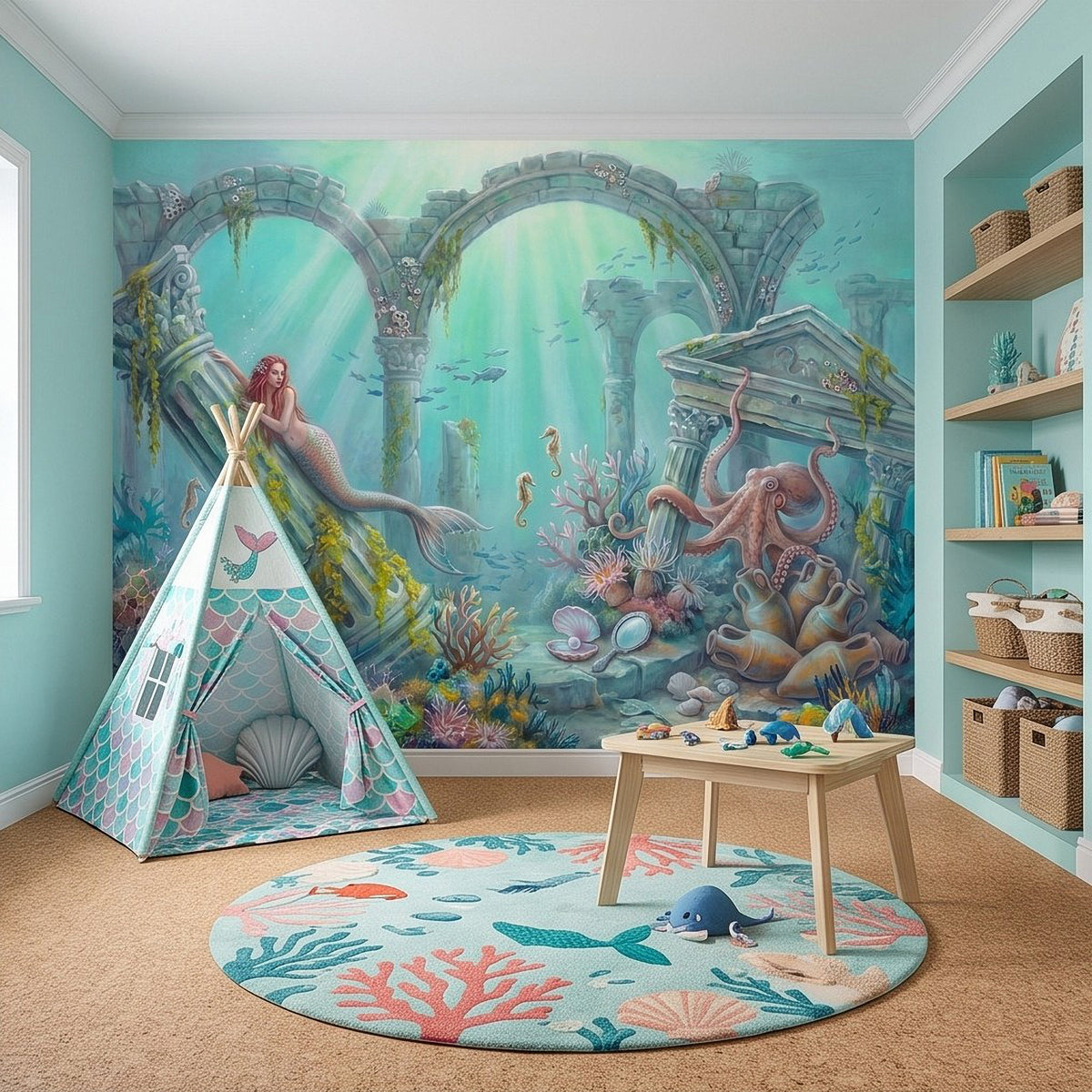 Underwater mermaid wall mural with octopus, colorful coral, and stone arch scene