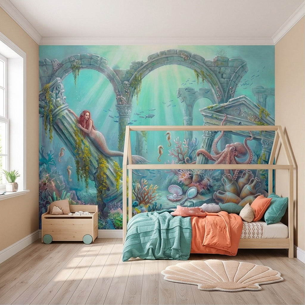 Underwater mermaid wall mural with sea arches, octopus and coral reef scene