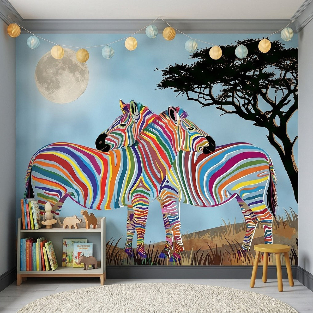 Rainbow zebra wall mural with two striped zebras, full moon, and silhouetted acacia tree