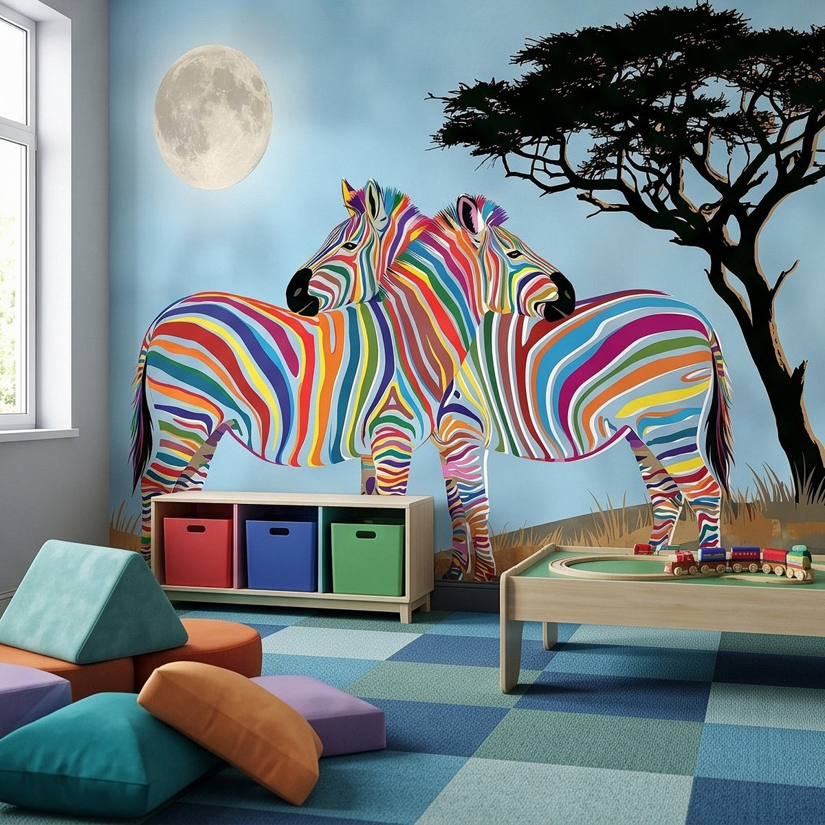 Two rainbow-striped zebras wall mural with full moon and acacia tree in the background