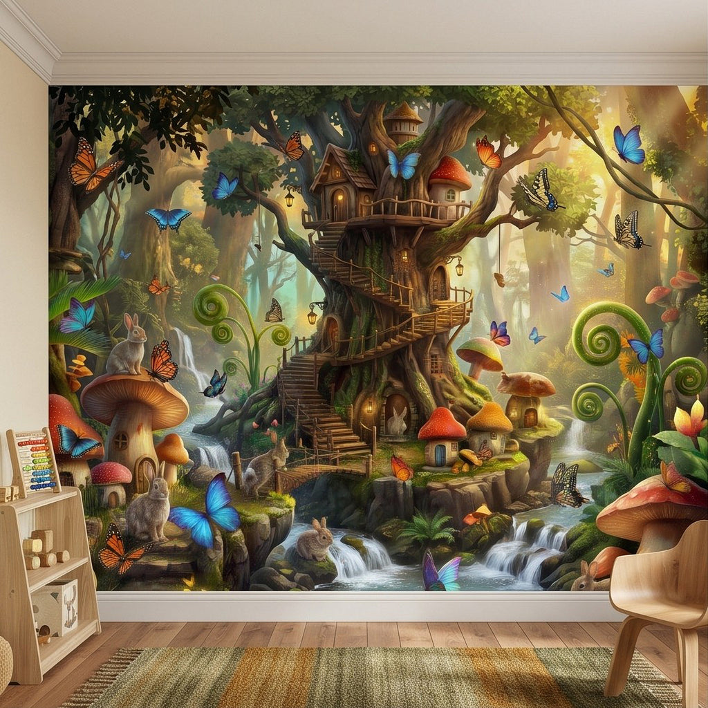 Woodland treehouse wall mural with a waterfall stream, mushrooms, butterflies, and rabbits