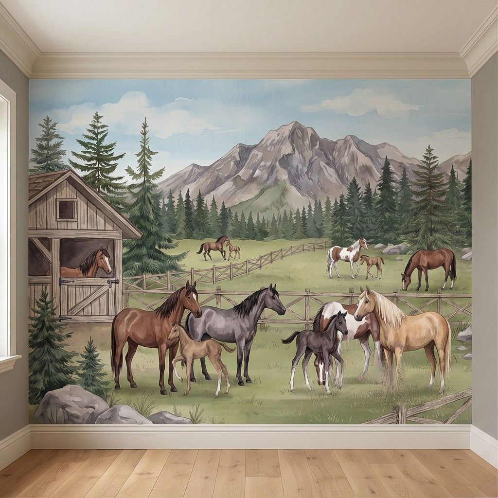 Western horses wall mural with barn, fence, and mountain landscape in a room