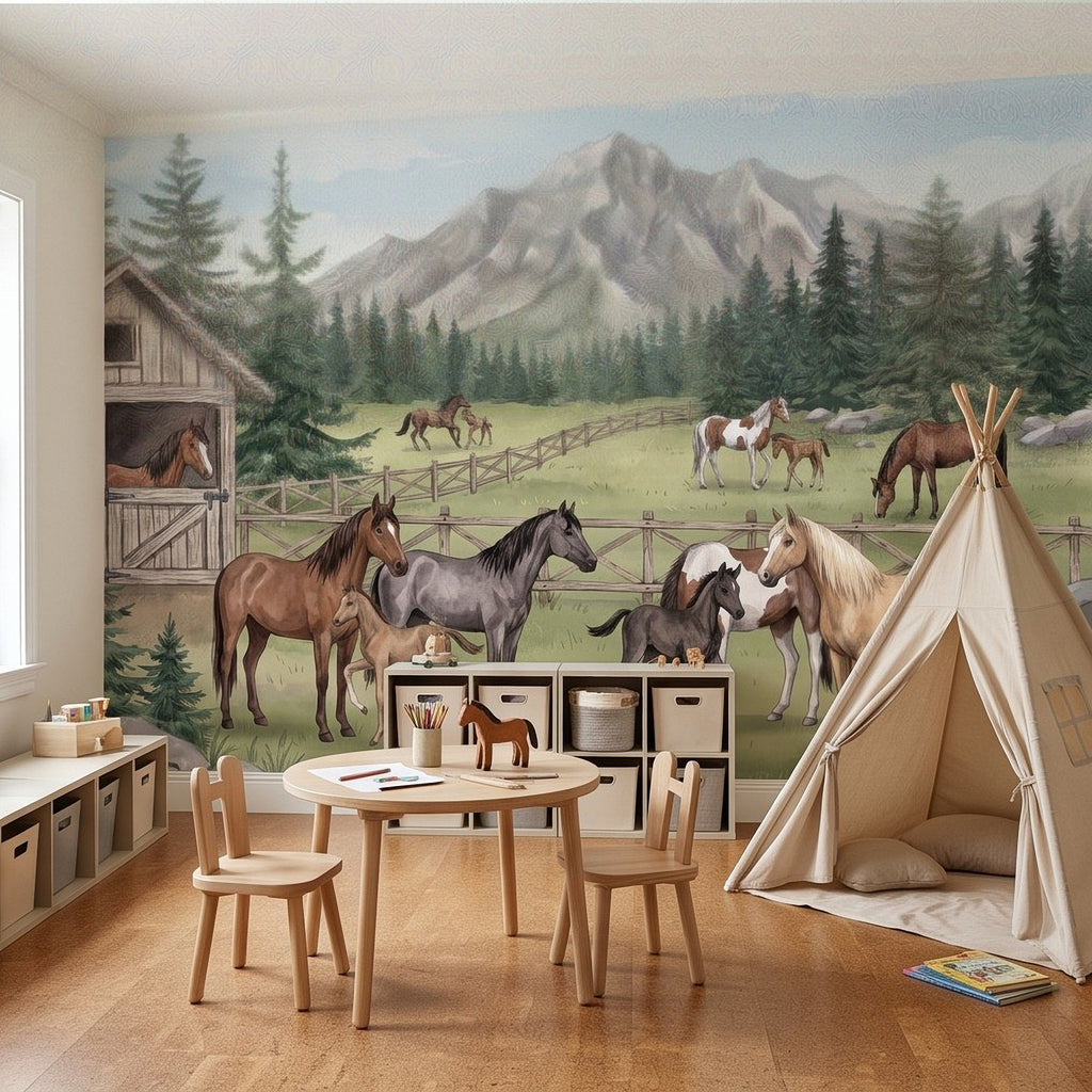 Horse ranch mural wall showing multiple horses by a wooden fence and barn