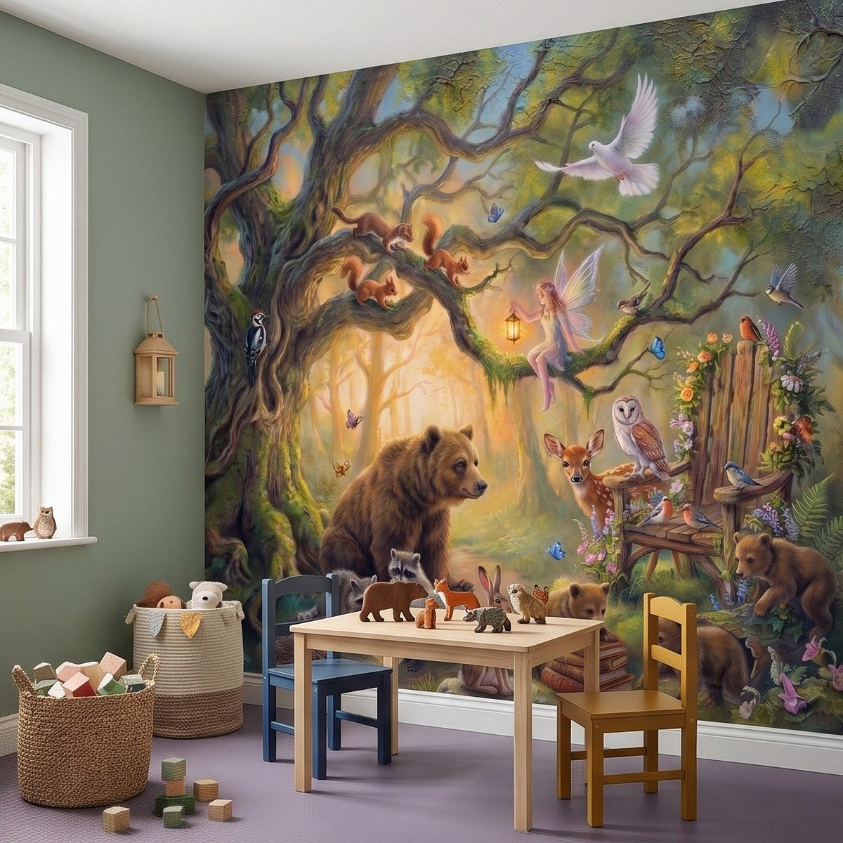 Woodland animal wall mural featuring bear, rabbits, and birds behind a play table