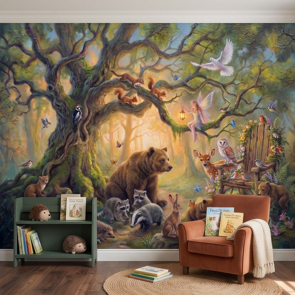 Woodland animal fairy wall mural with bear, foxes, and butterflies among trees