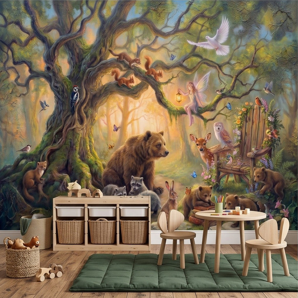 Forest animals wall mural with bear, rabbits, and birds, shown on a wall behind decor