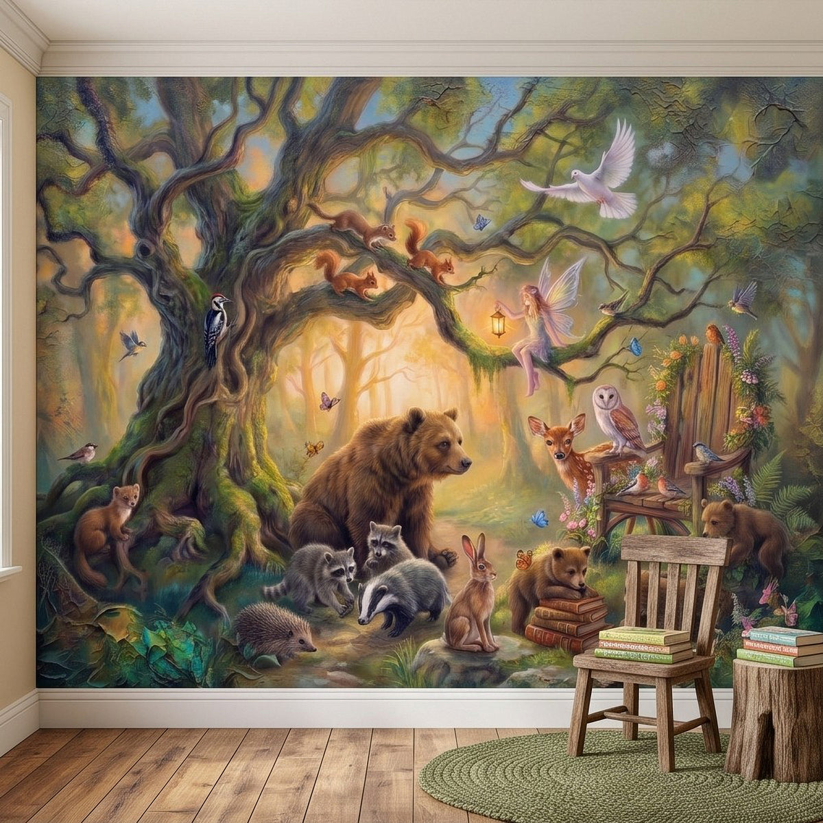 Woodland animal fairy wall mural showing bear, rabbits, and birds flying overhead