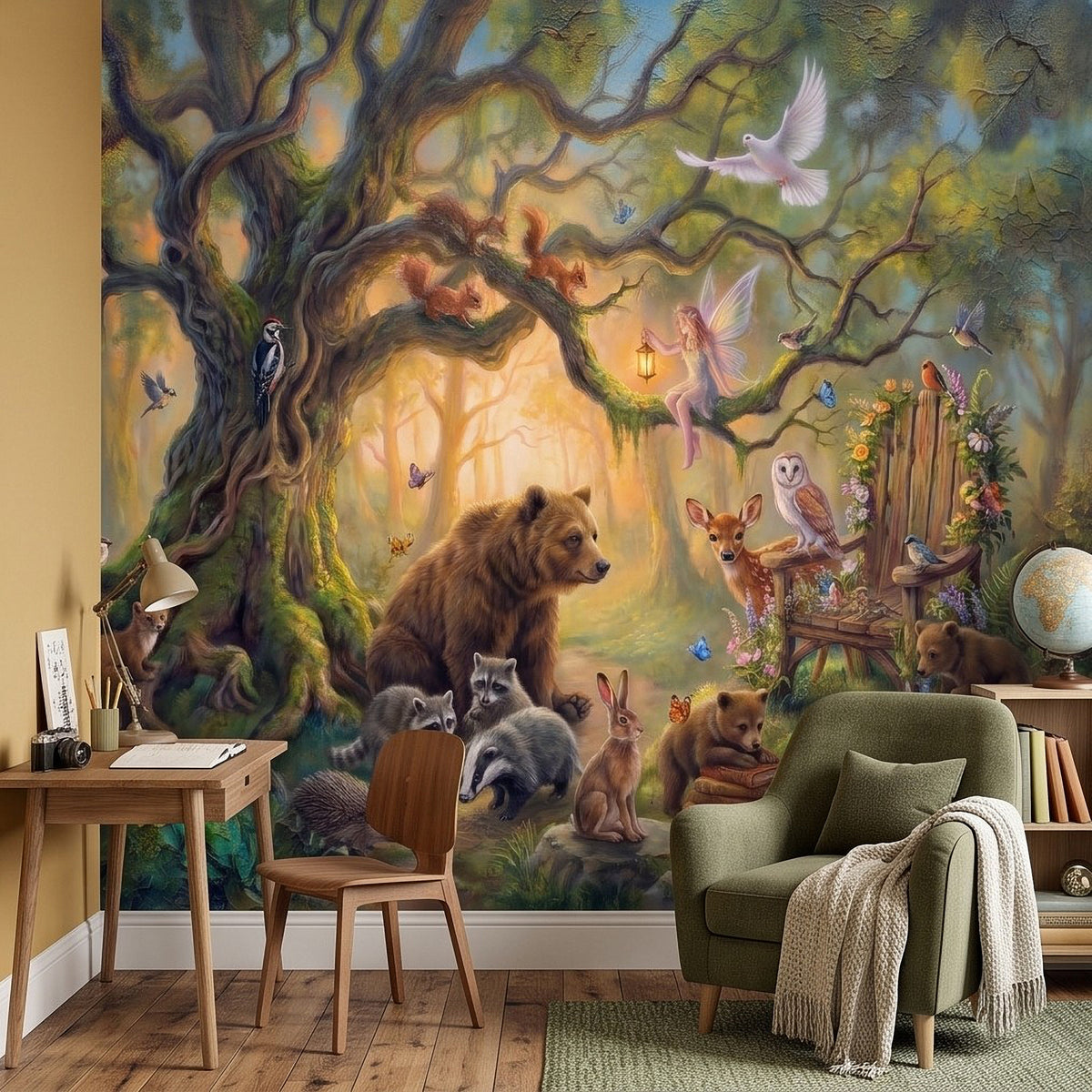 Whimsical woodland animal wall mural with bear, rabbits, and birds near chairs and sofa