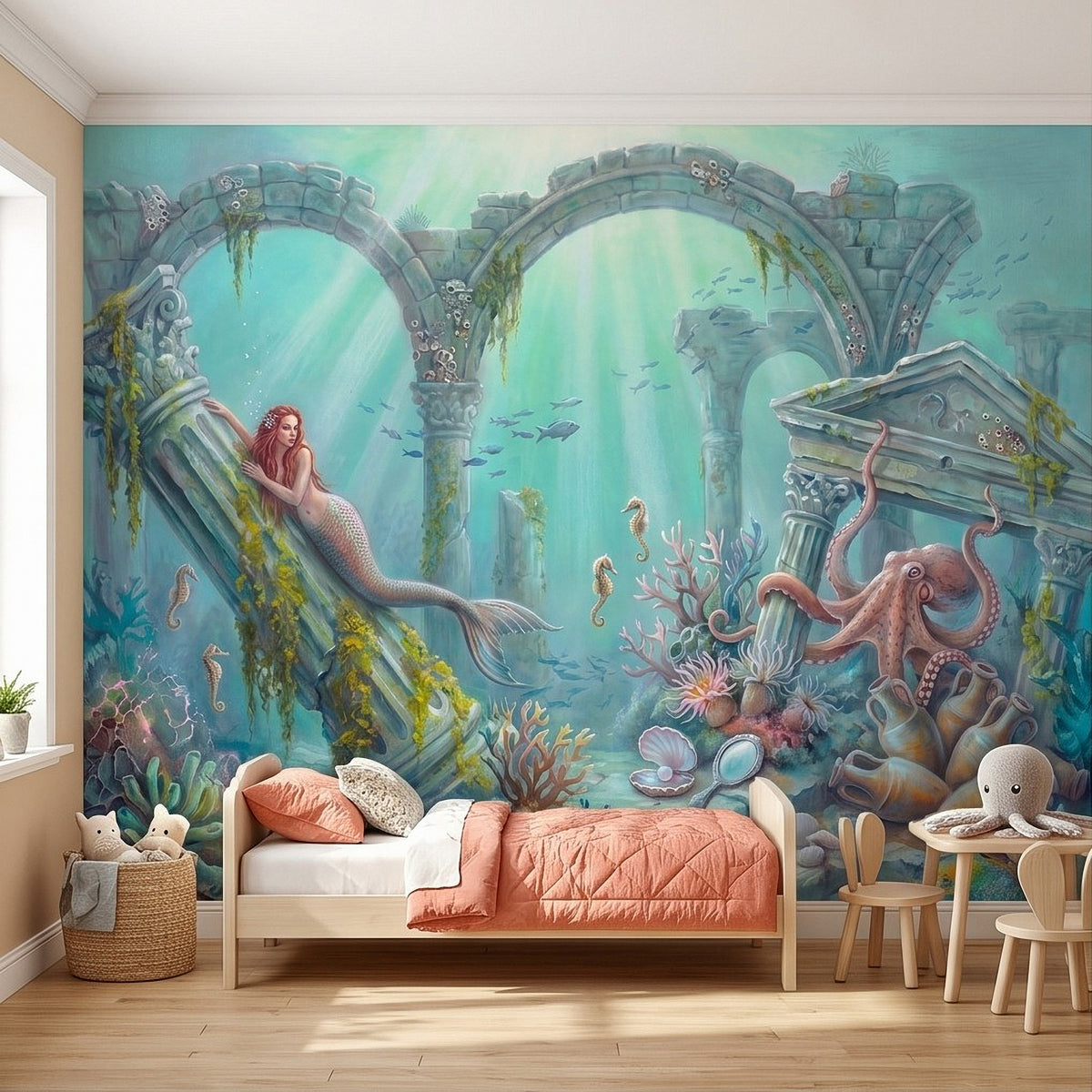 Underwater coral reef wall mural showing mermaid, octopus, and twin stone arches