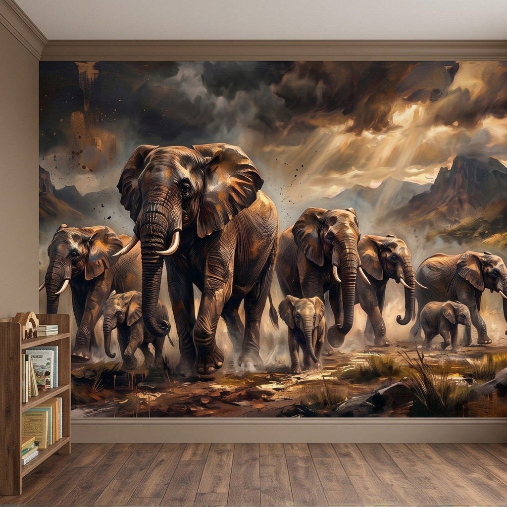 Elephant herd safari wall mural with large central elephants and distant herd