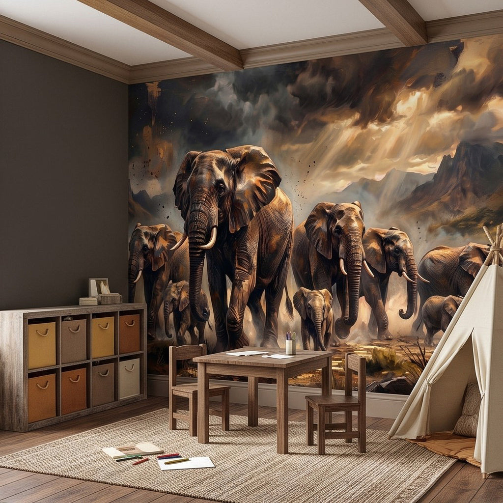 Elephant safari wall mural with central elephant and herd under dramatic cloudy sky