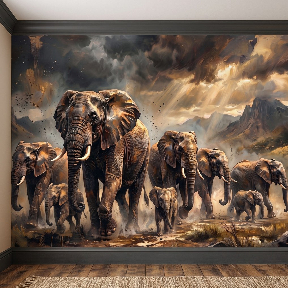 Elephant herd wall mural with lead elephant and group of elephants in dust