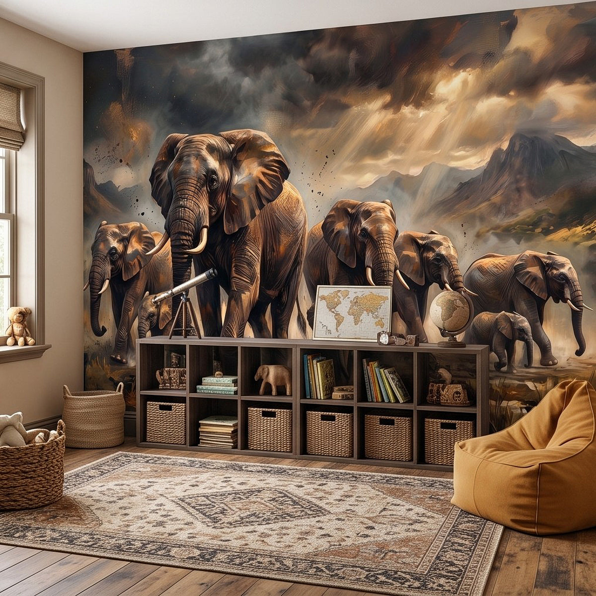 African elephant herd wall mural painting with front elephant trunk raised and savanna sky