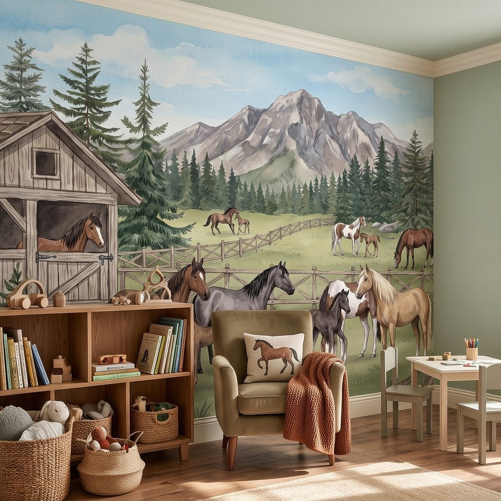 Horse ranch wall mural with mounted horses, foals, pine trees, and mountain backdrop