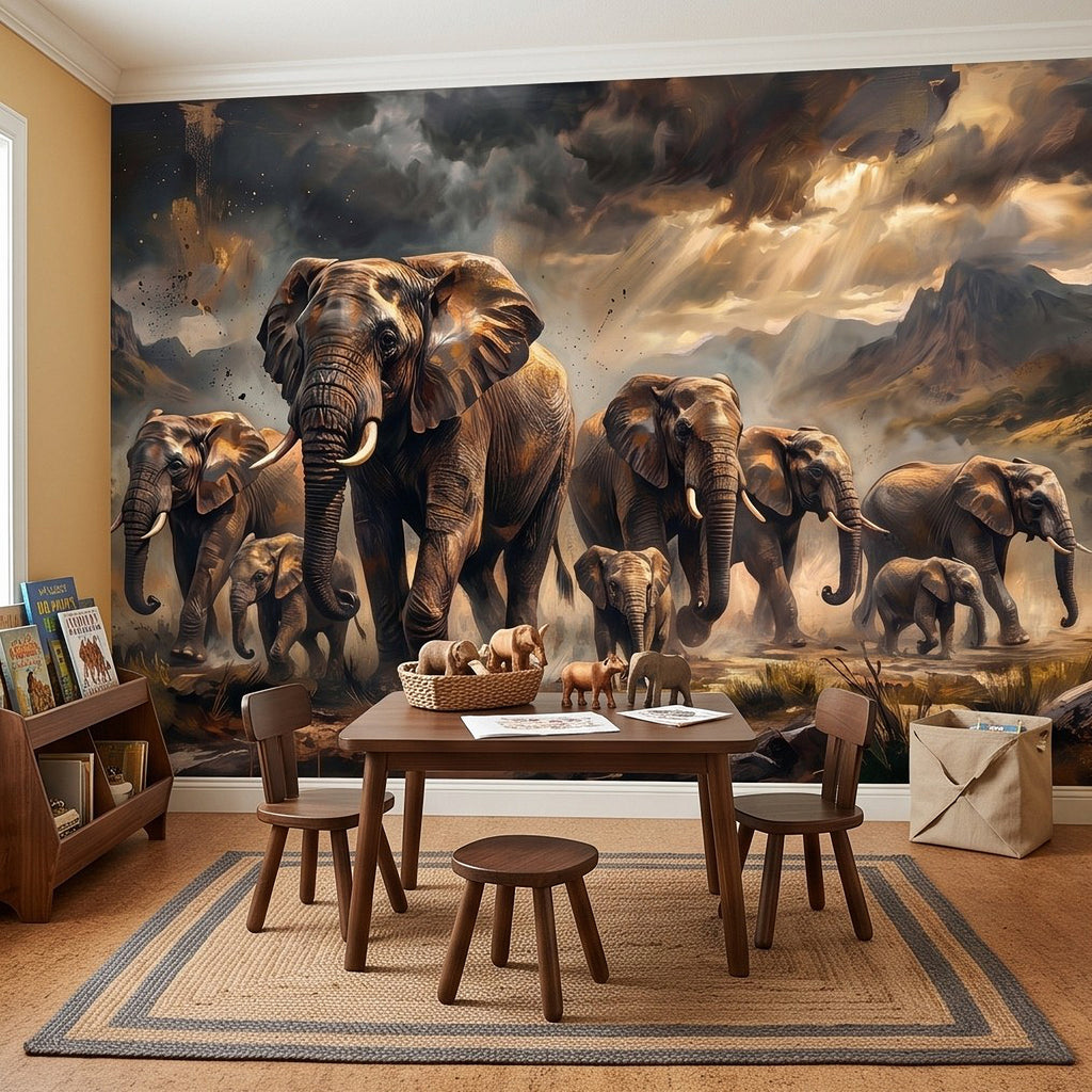 African elephant herd wall mural painting with elephants at center and wide savanna background