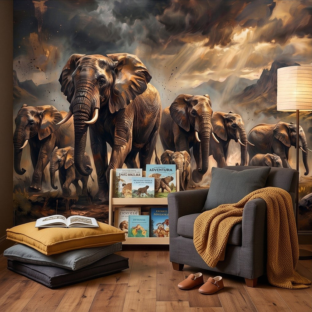 Elephant herd wall mural with central elephant and smaller elephants against stormy sky