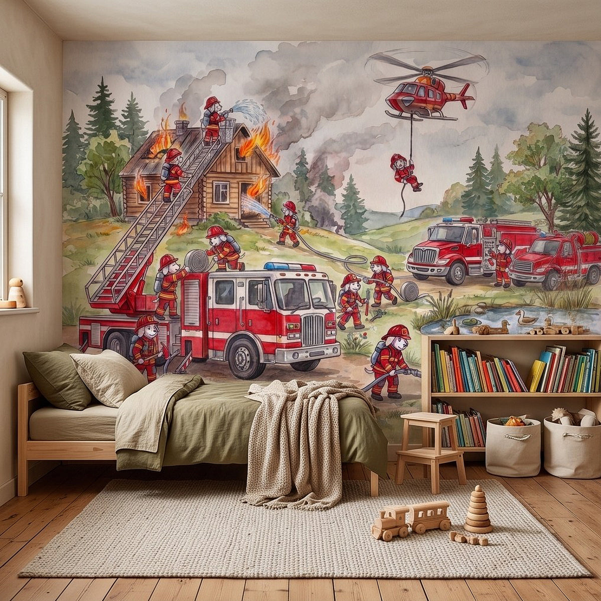 Firefighter rescue wall mural with fire truck, firefighters, helicopter, and rescue water scene