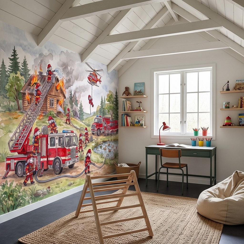 Firefighter rescue wall mural on sloped wall with ladder truck and helicopter
