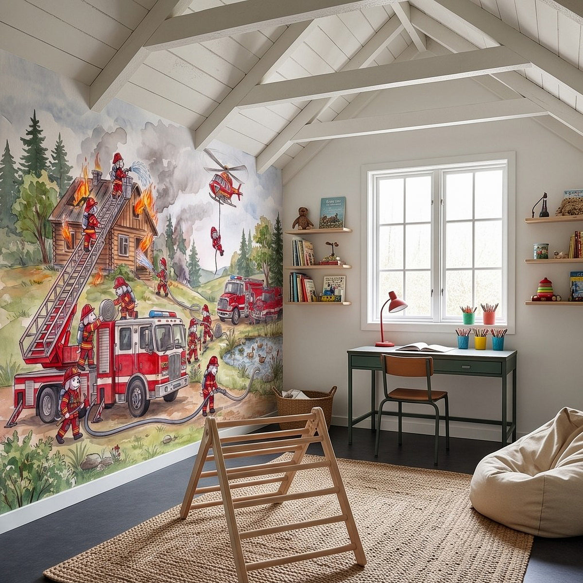 Firefighter rescue wall mural on sloped wall with ladder truck and helicopter