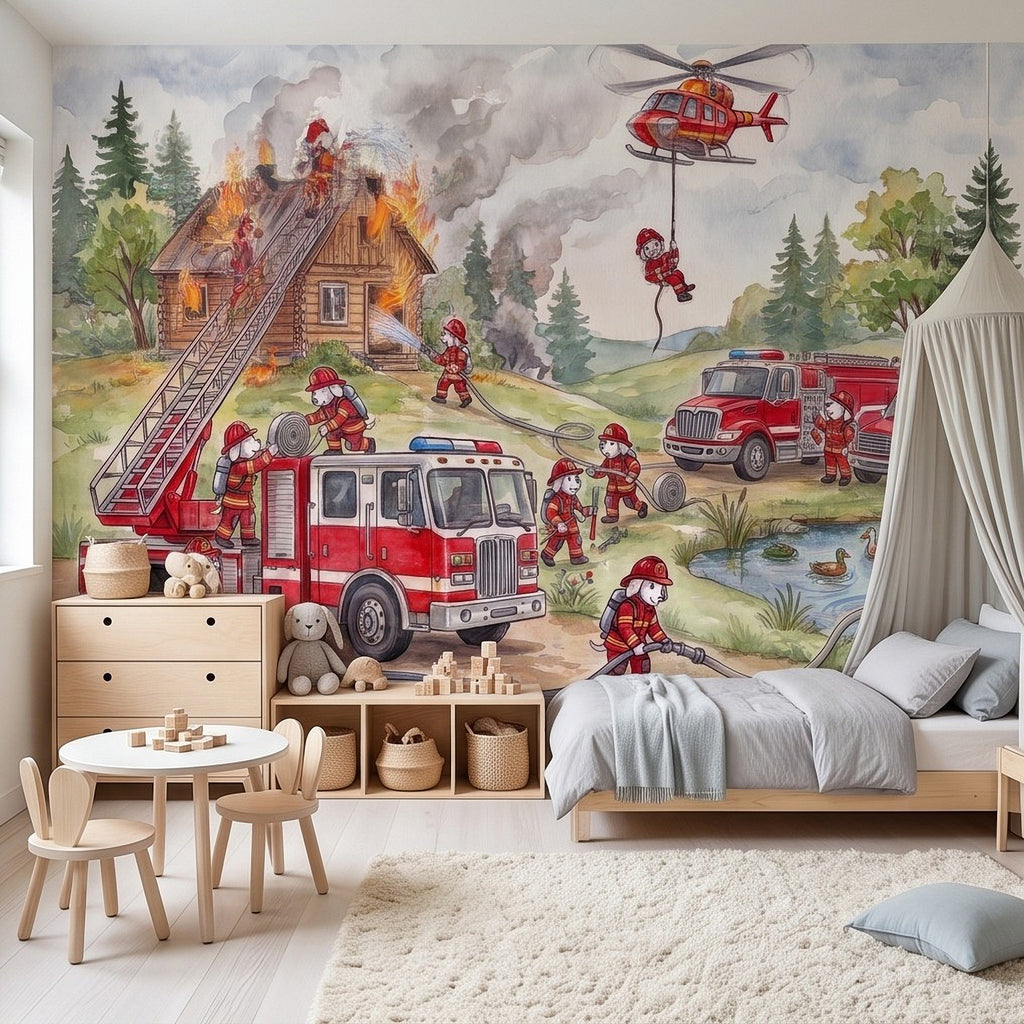 Firefighter rescue wall mural featuring fire trucks, firefighters, and helicopter
