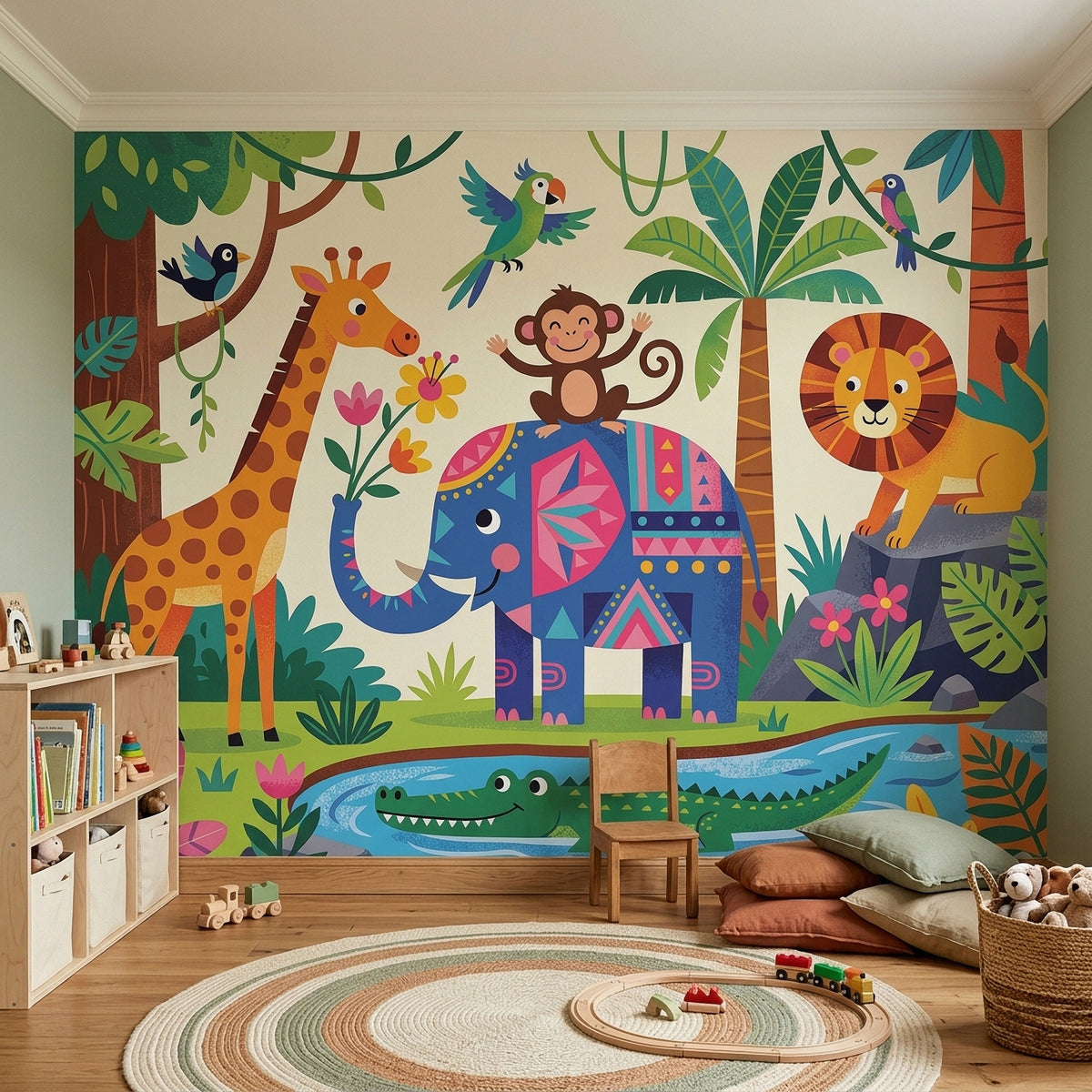Jungle animal wall mural with giraffe, elephant, lion, monkey, birds, and leafy plants on the wall