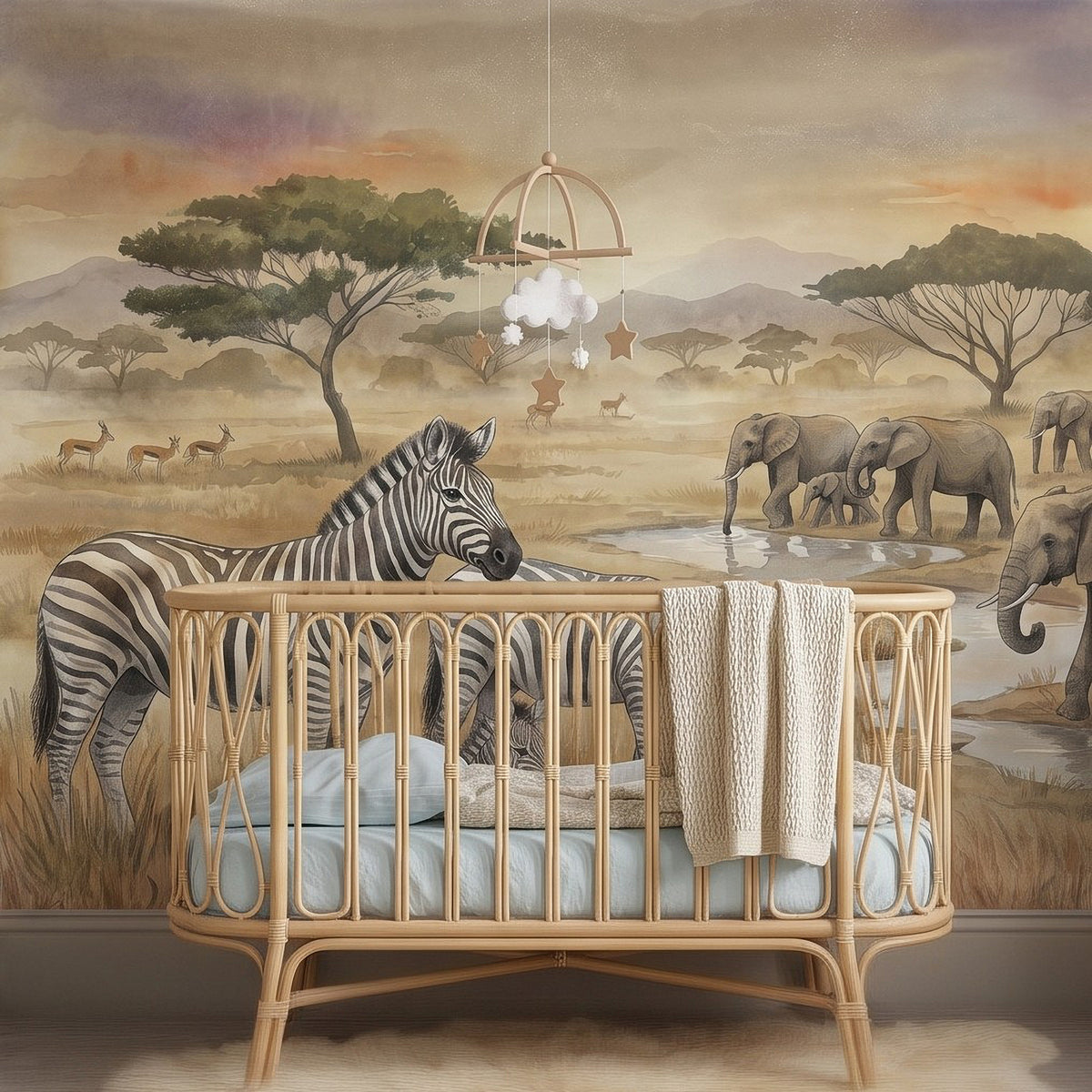 Safari wall mural showing zebras, elephants, acacia trees, and wildlife in watercolor
