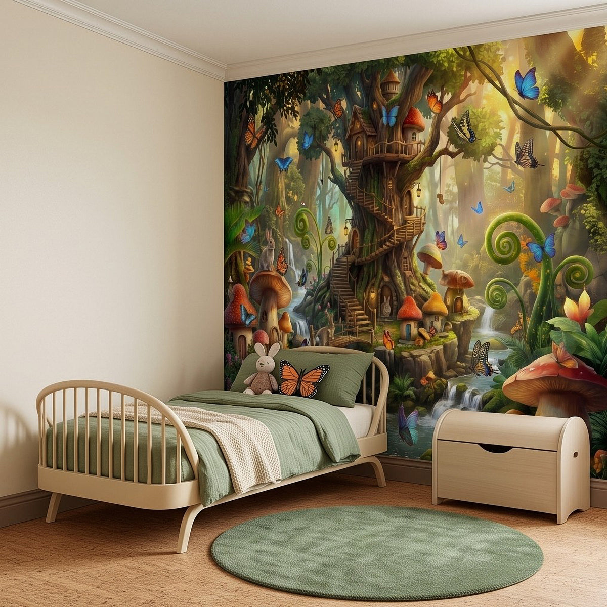 Forest fairy mural with treehouse stairs, mushrooms, blue butterflies, rabbits and vines