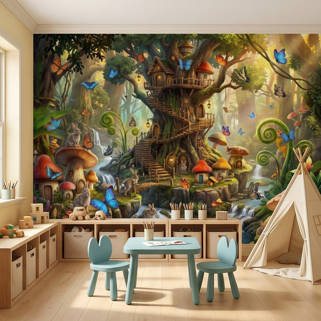 Woodland fairy wall mural with treehouse steps, mushroom houses, blue butterflies and rabbits