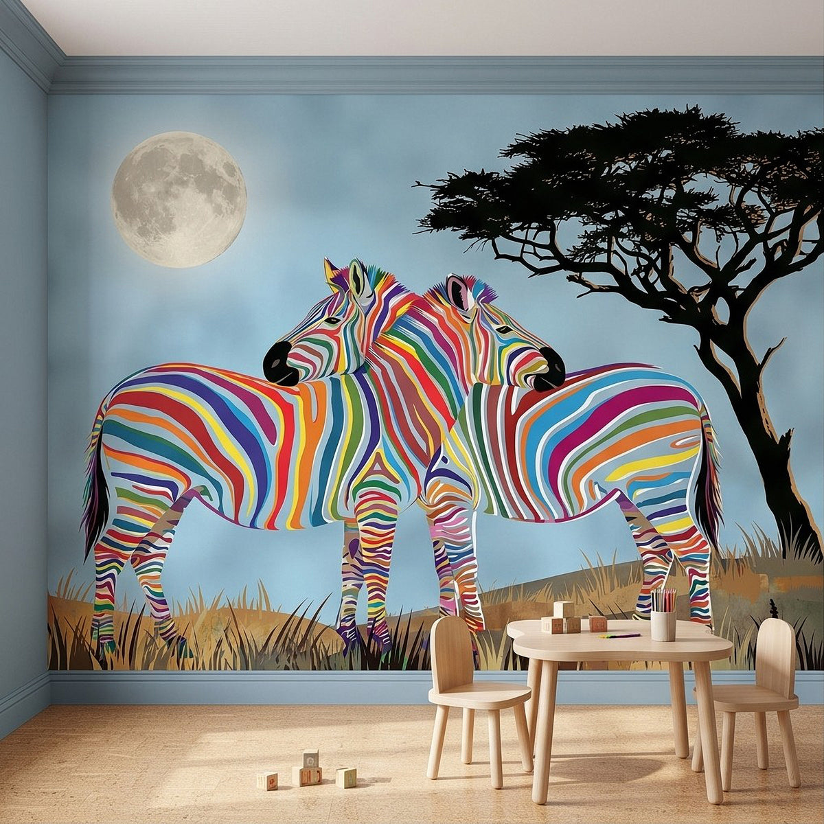 Colorful zebra wall mural featuring two rainbow-striped zebras, full moon, and acacia tree