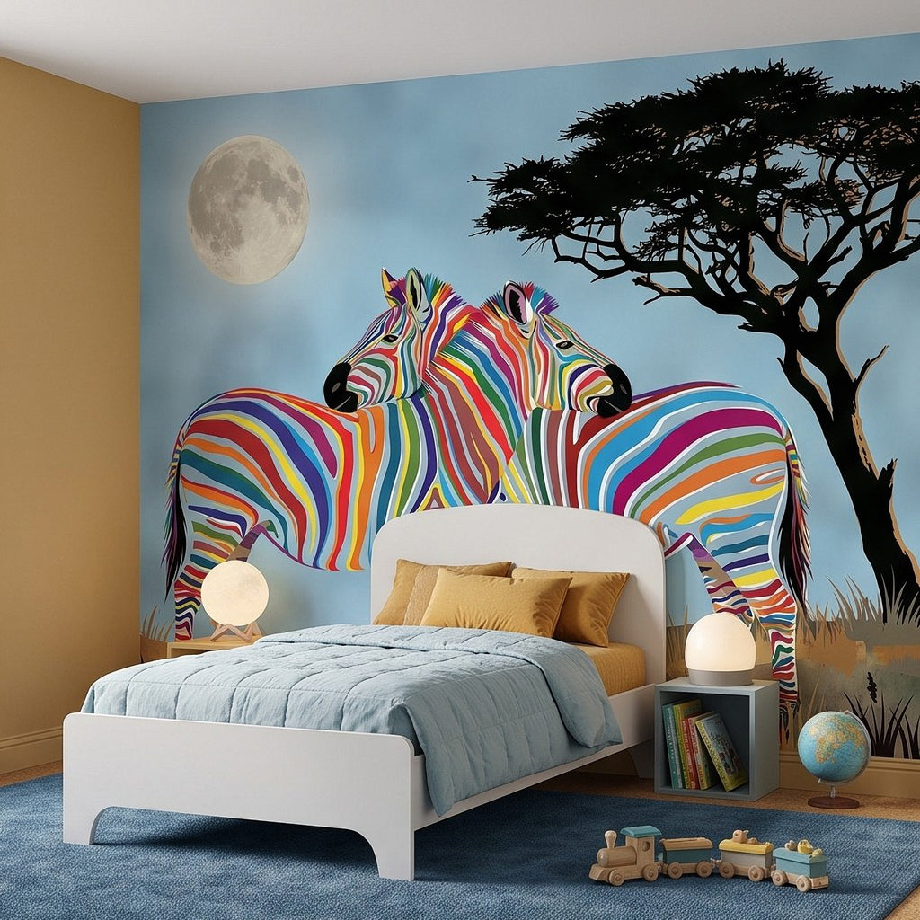Safari zebra wall mural featuring two colorful zebras, full moon, and acacia tree