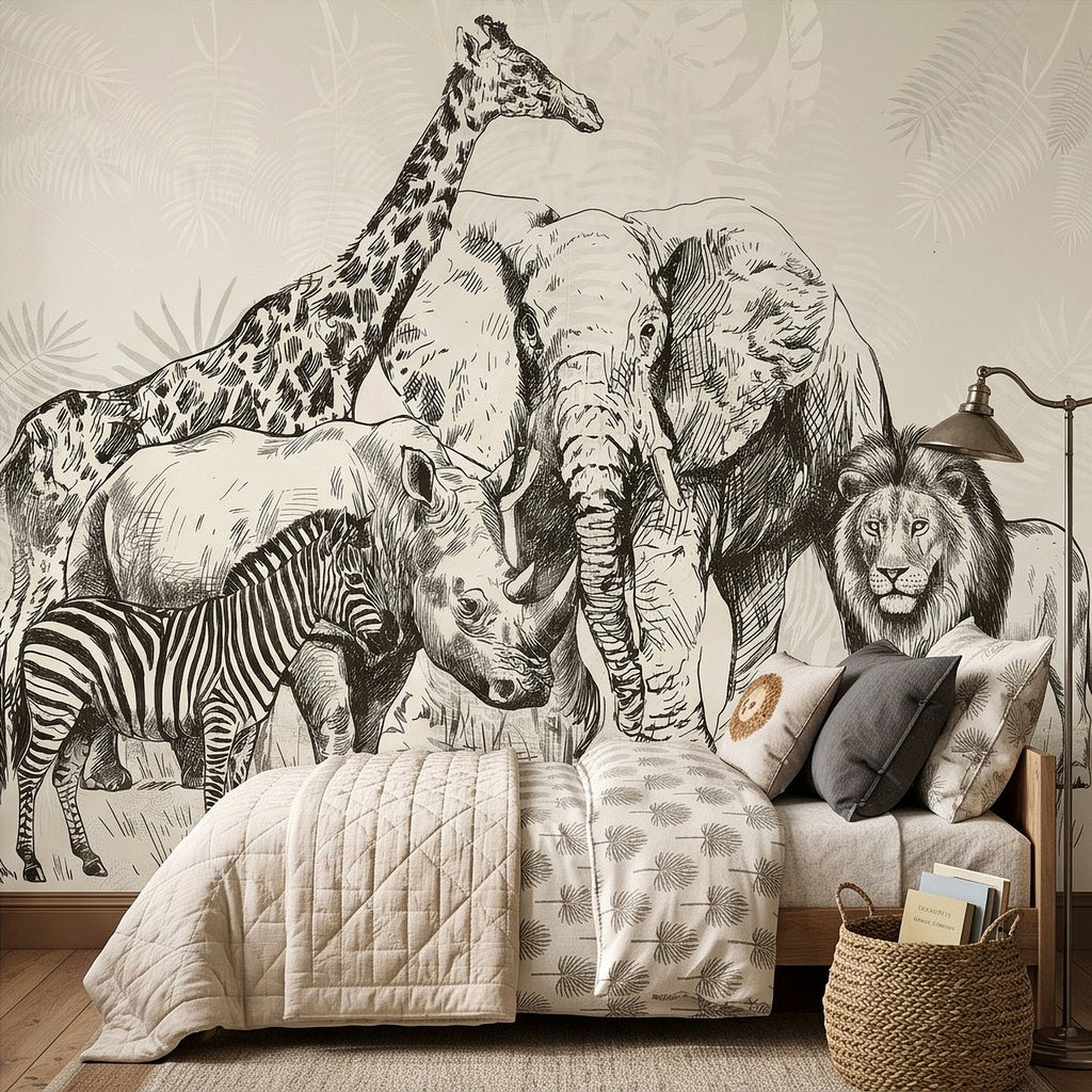 Close-up view of safari wall mural line art with elephant, lion, giraffe, zebra, rhino