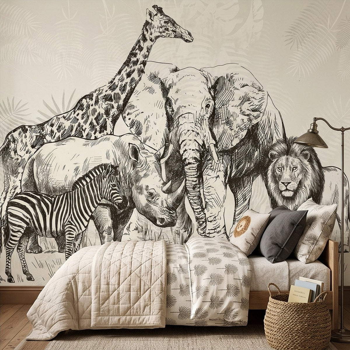 Close-up view of safari wall mural line art with elephant, lion, giraffe, zebra, rhino