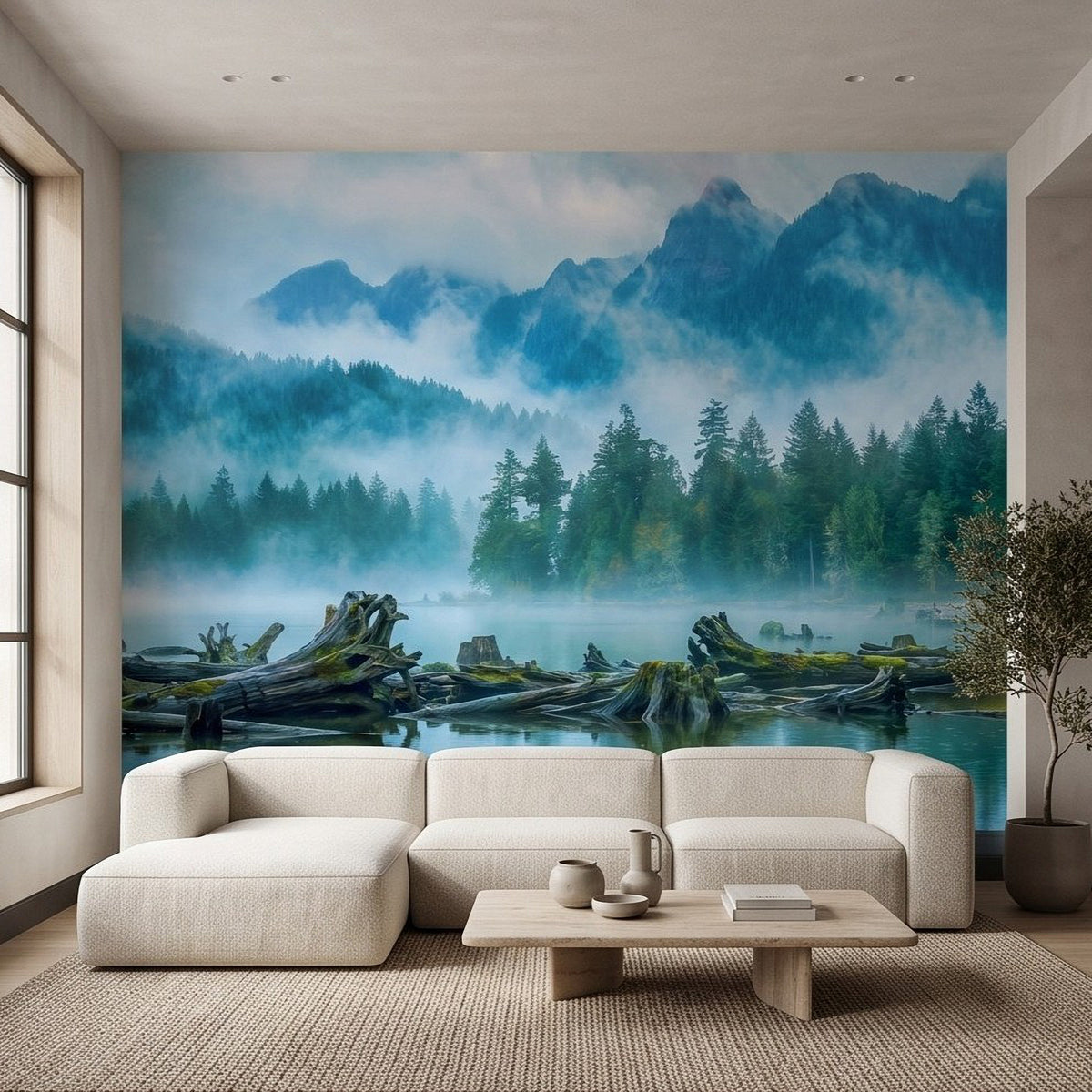 Alpine lake fog pine forest wall mural with blue mist and rocky logs foreground