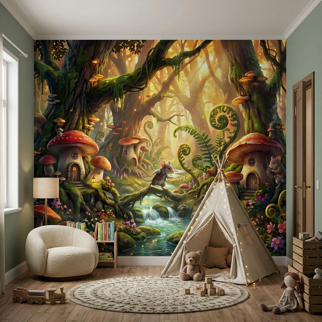 Fairy tale woodland wall mural showing mushroom houses, mice, and glowing forest stream