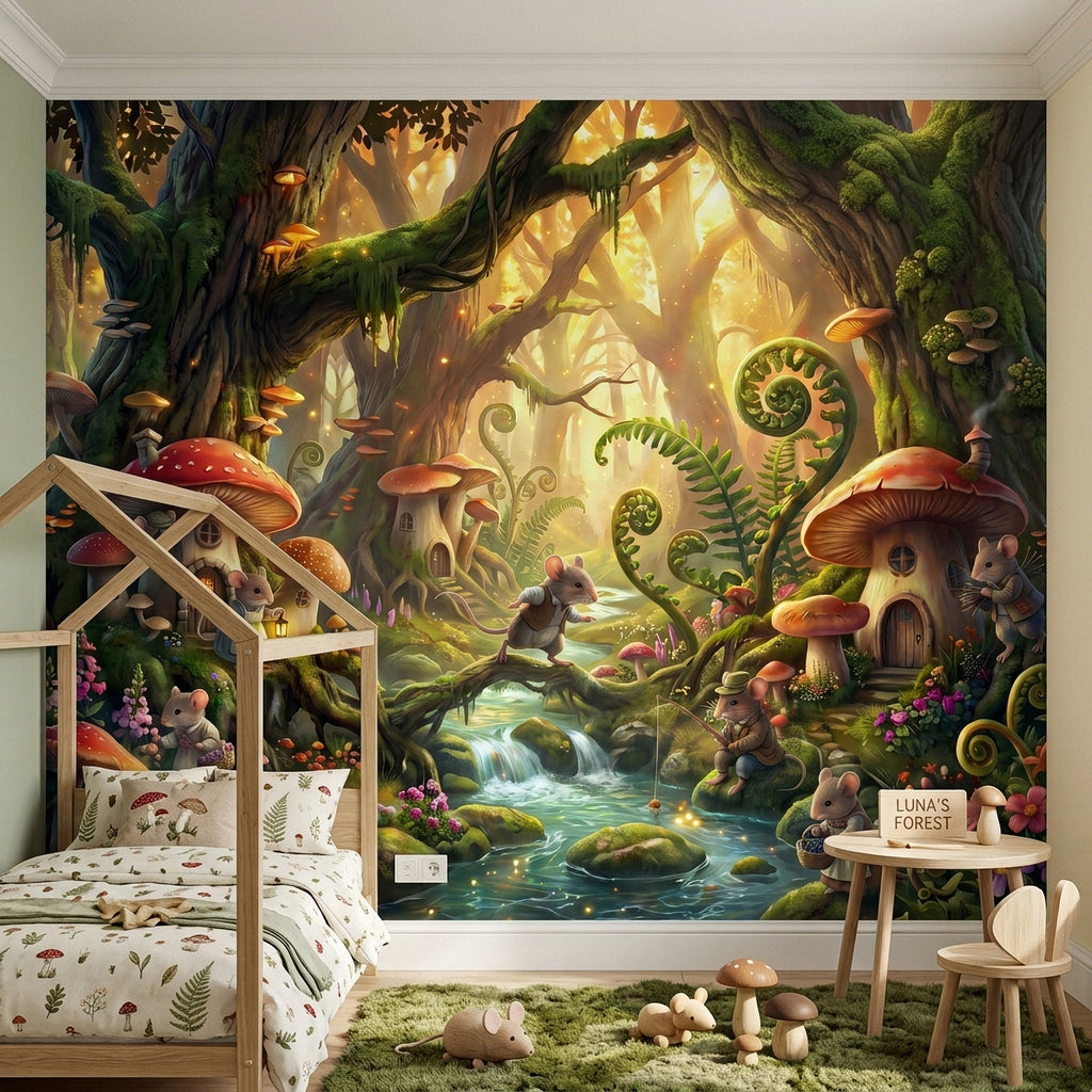 Whimsical forest wall mural with mushroom houses, mice figures, and glowing stream.