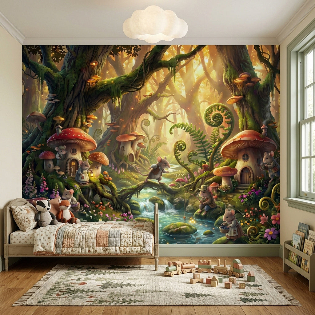 Magical forest wall mural with glowing trees, mushroom village, mice, and winding waterway.