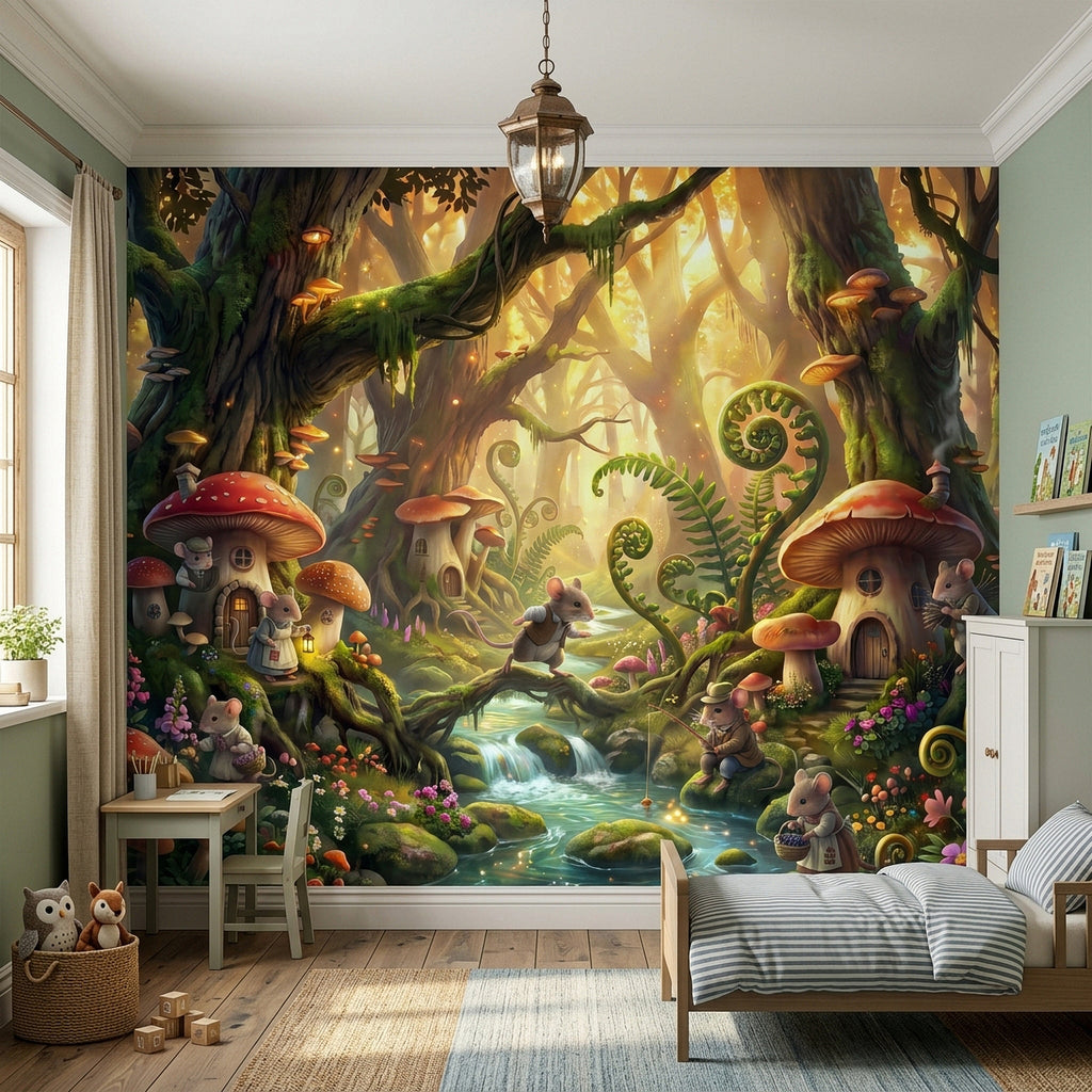 Forest wall mural featuring giant mushroom doors, mice characters, and winding stream.