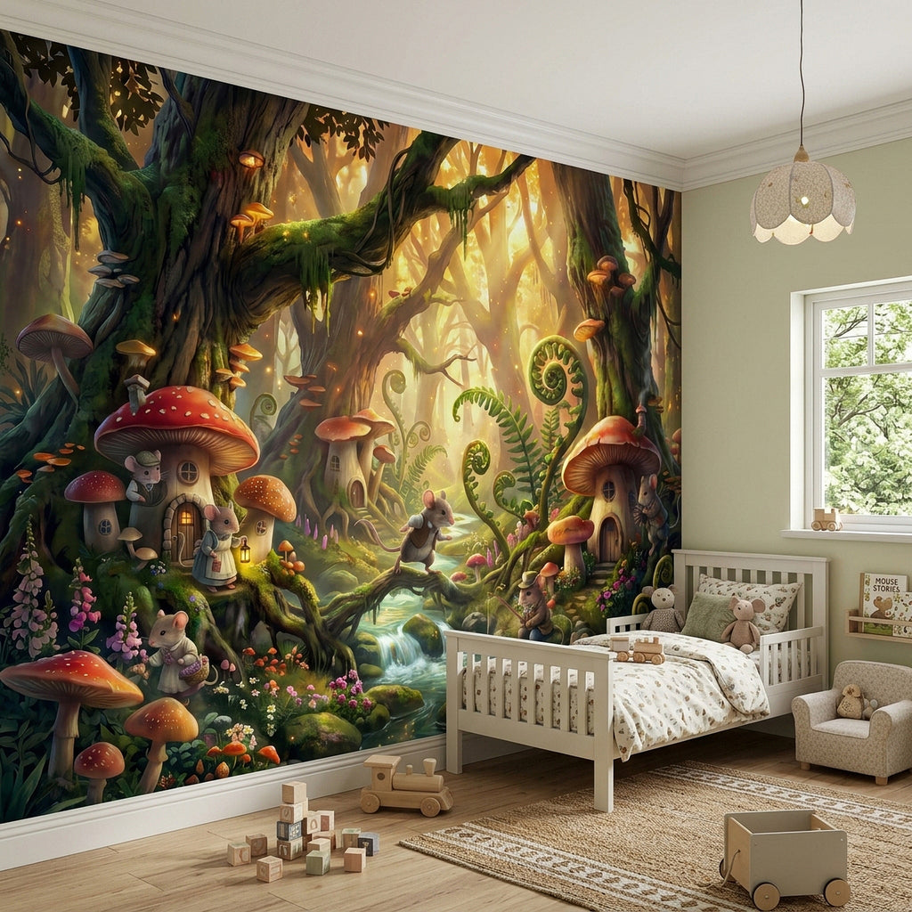 Fairy tale forest wall mural with mushroom houses, mice, and a glowing wooded stream