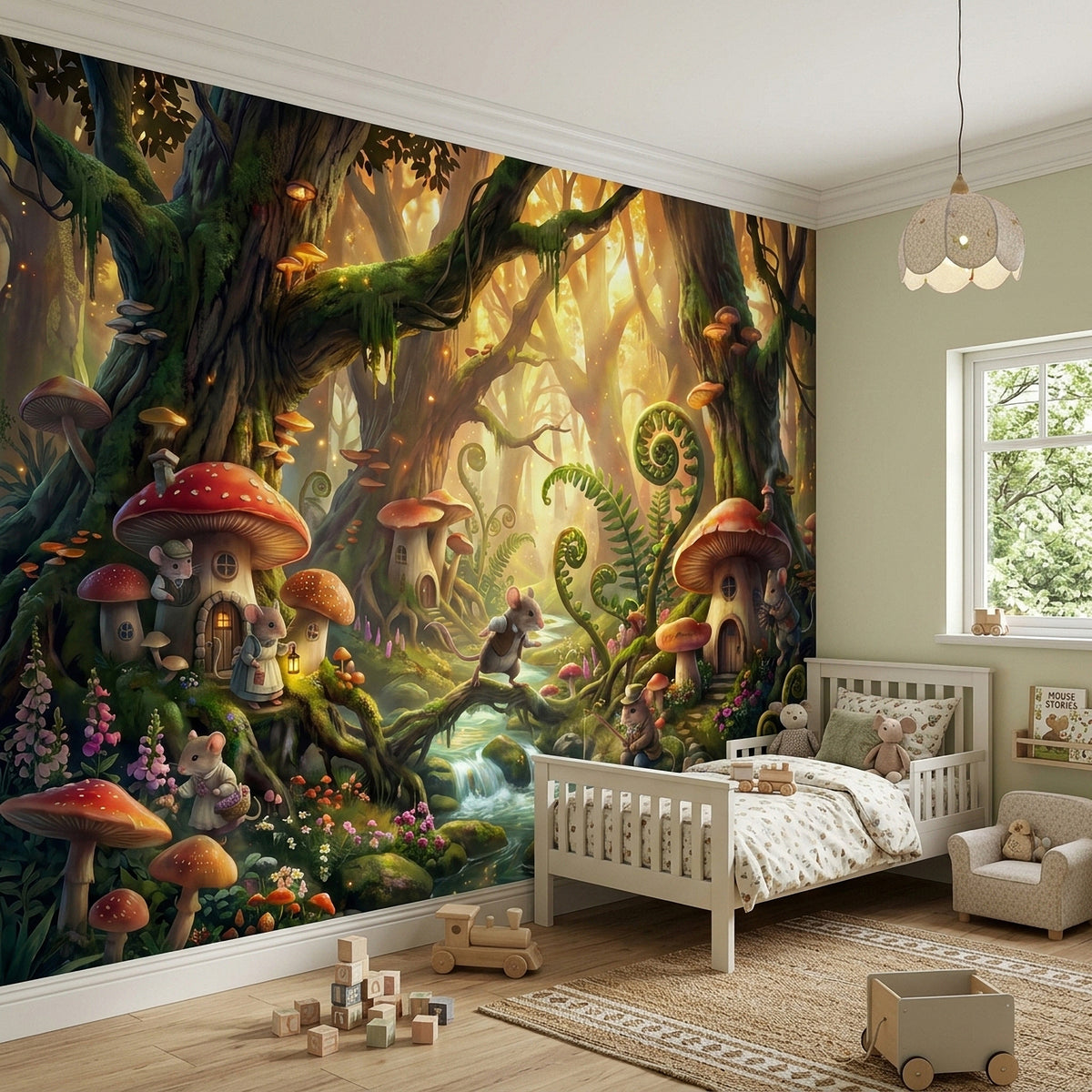 Fairy tale forest wall mural with mushroom houses, mice, and a glowing wooded stream