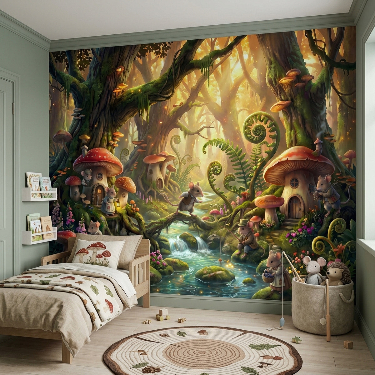 Woodland mushroom-house wall mural with mice, flowers, ferns, and a winding stream