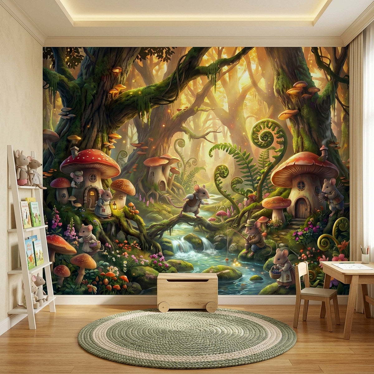 Forest wall mural with two large mushroom houses, mice villagers, and tiny flowers by stream.