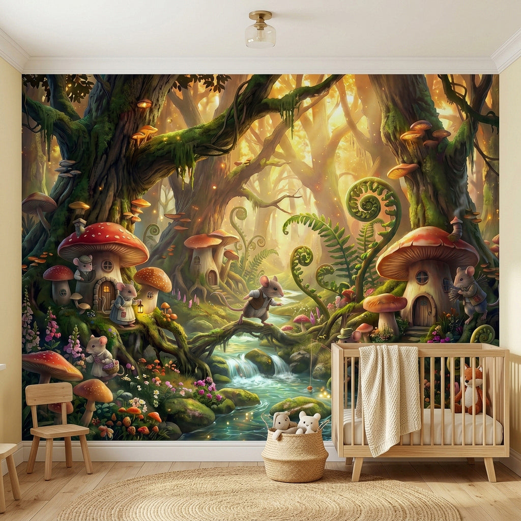 Woodland wall mural with mushroom houses, mice figures, ferns, and a forest stream